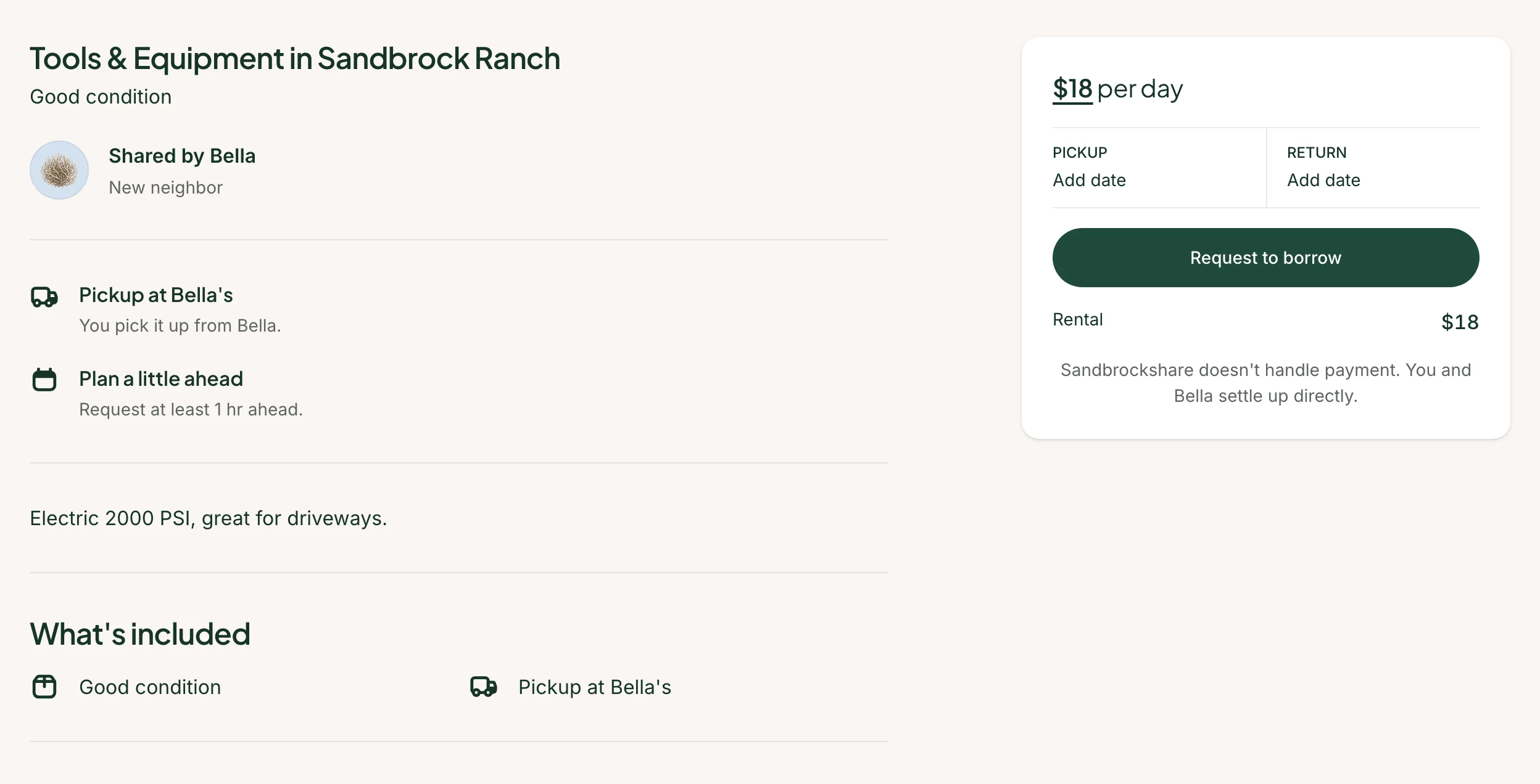 A Sandbrockshare listing: Tools and Equipment in Sandbrock Ranch, shared by Bella, pickup at her place, and a booking card with Request to borrow.