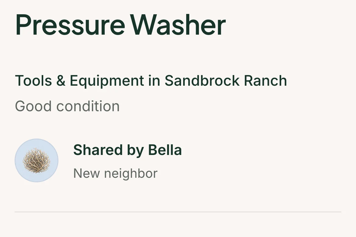 A Sandbrockshare listing: Tools and Equipment in Sandbrock Ranch, shared by Bella, pickup at her place, and a booking card with Request to borrow.