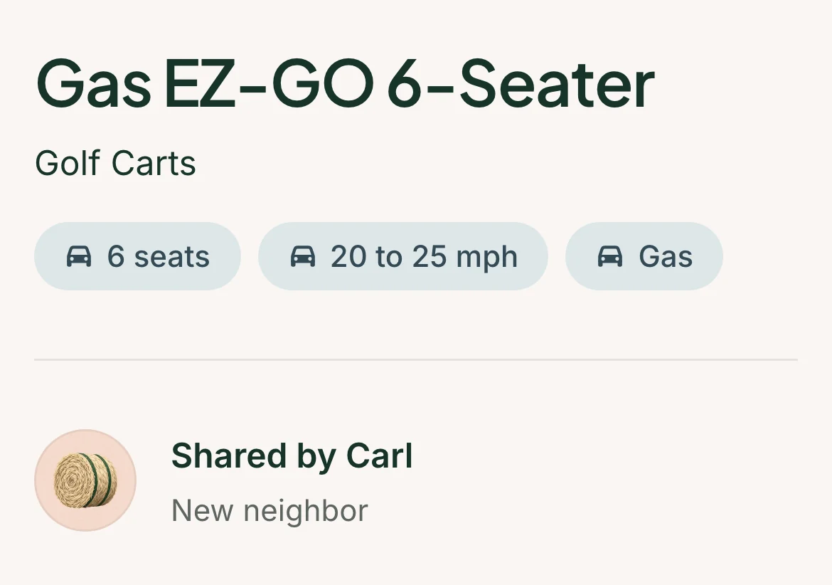 A Sandbrockshare golf cart listing: Gas EZ-GO 6-Seater with seats, speed and fuel, the cart rules, and a Request this cart button.