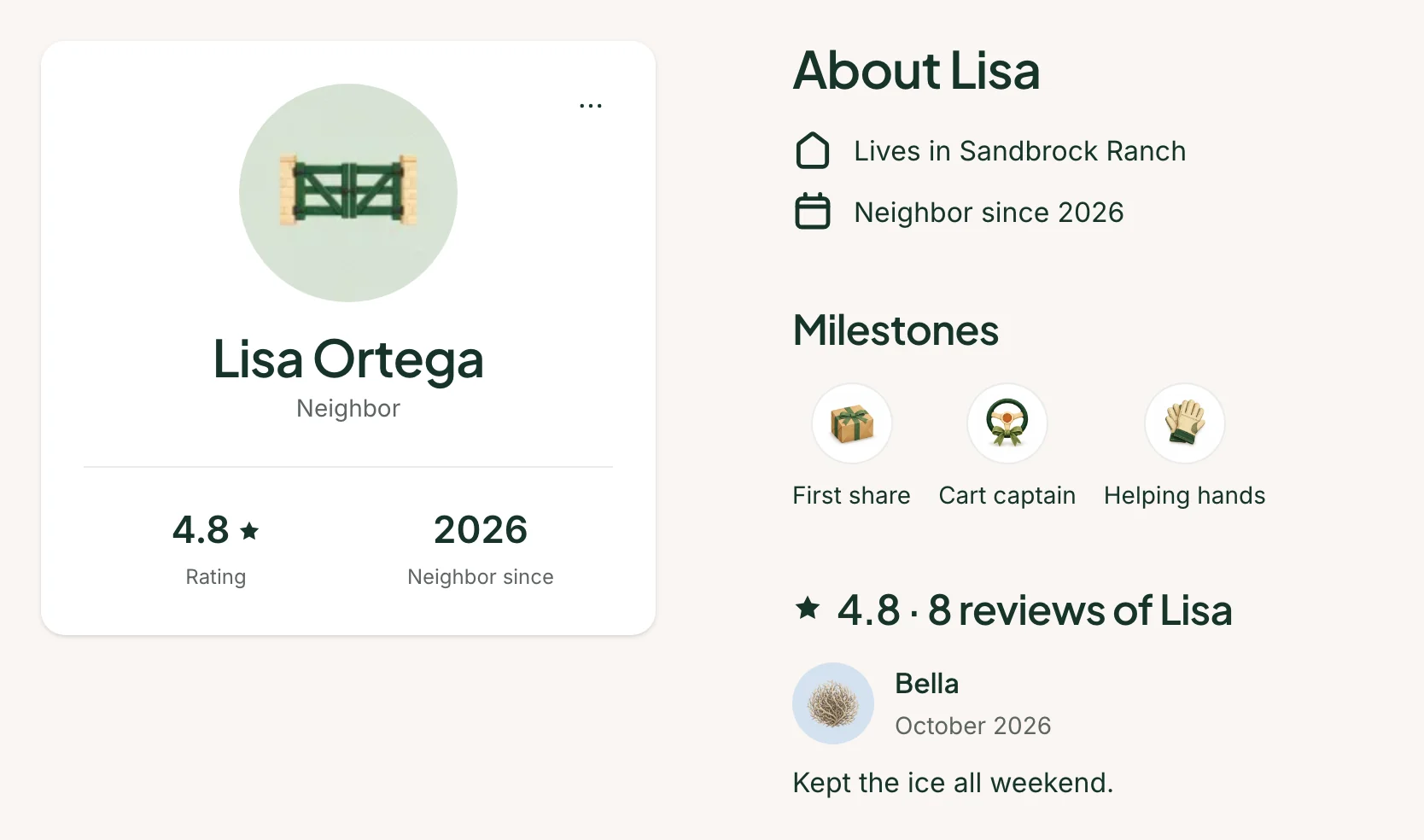 A neighbor's profile in Sandbrockshare: Lisa Ortega, rating 4.8, lives in Sandbrock Ranch, with milestones such as Cart captain and a review from a neighbor.