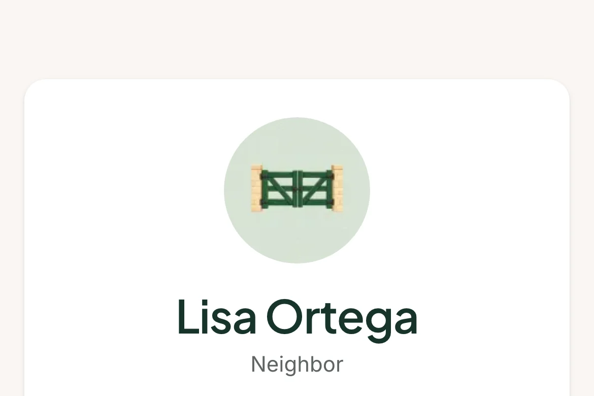 A neighbor's profile in Sandbrockshare: Lisa Ortega, rating 4.8, lives in Sandbrock Ranch, with milestones such as Cart captain and a review from a neighbor.